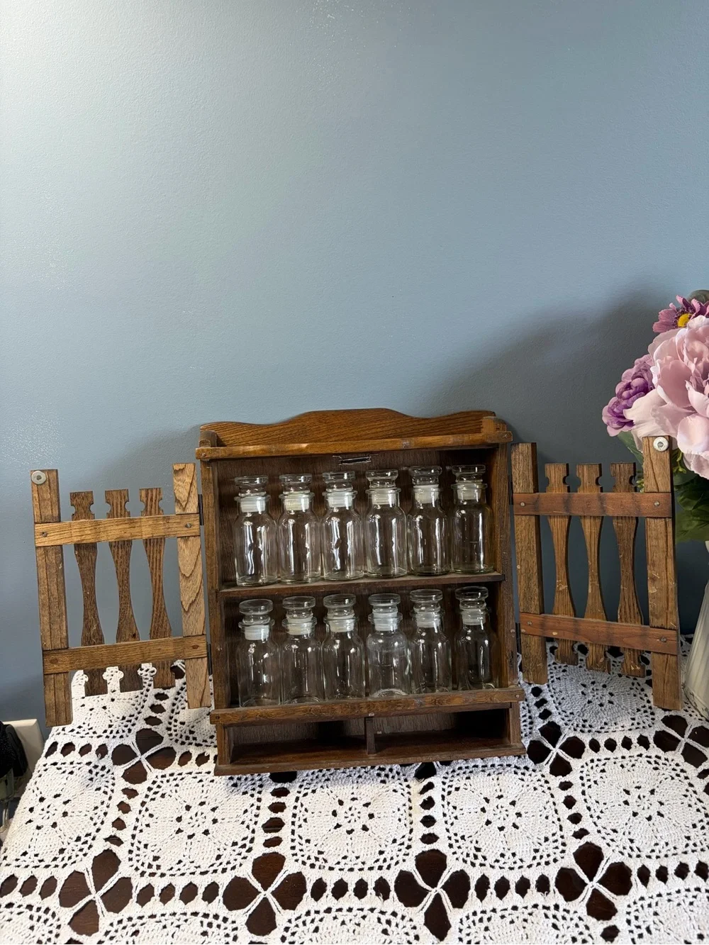 Vintage Wooden Kitchen Spice Rack Cabinet with Glass Jars/Lids